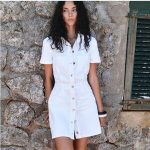 BNWT ZARA Z1975 DENIM MINI DRESS WHITE BUTTON DOWN SHORT SLEEVES